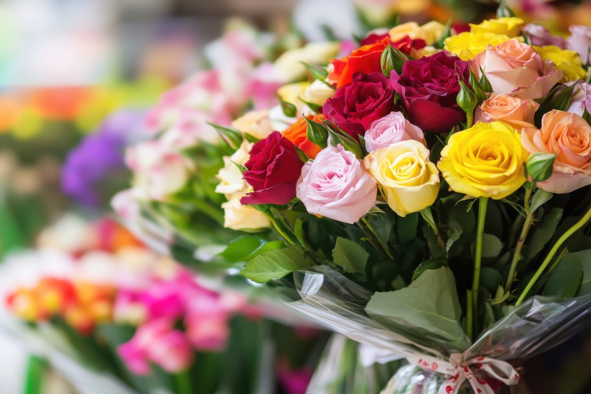 Mazzi di rose e fiori freschi di stagione in esposizione al banco